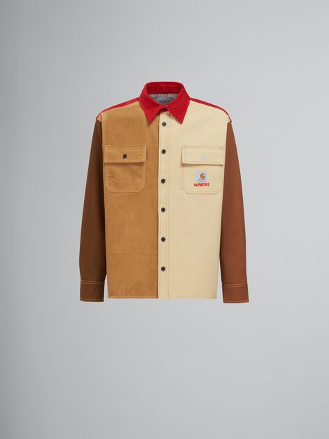 MARNI x CARHARTT WIP - bio cotton colour-block overshirt | Marni In Progress, 2023 Ss, Carhartt Work In Progress, Boyfriend Shirt, Carhartt Wip, Shirt Collar, Slip On Sneakers, Cotton Weaving, Patch Logo