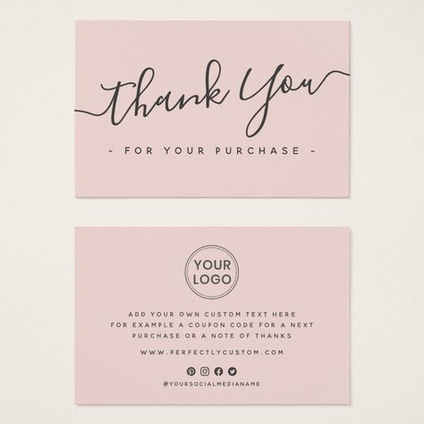 Elegant, blush pink thank you for your purchase or business insert card with custom logo template. You can change fonts and colors with the design tool. Small Bussines Cards, Thank U Card Business, Small Business Thank You Cards Design, Cute Business Thank You Cards, Small Business Thank You Card Ideas, Luxury Thank You Card Business, Workouts Clothes, Free Printable Thank You Cards Templates Small Business, Thank You Card For Customers Pink