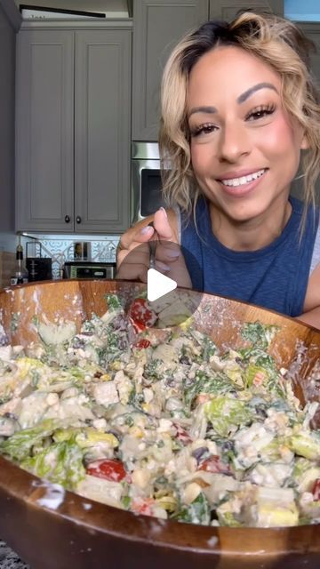 Brooke Brown on Instagram: "Cowboy salad #cowboysalad #salad #recipe #food #asmr Recipe:  2 romaine hearts 6 small snacking peppers or 1 red pepper 1 English cucumber  1 pint grape tomatoes  1/2 cup red onion(it’s purple) 1/2 cup cilantro 1 jalapeño  Queso Fresco (i used a large package) 1 can black beans  1 can white corn  1 cup mayo 1/2 cup sugar free bbq sauce  1/4 cup mustard(whatever you like) 1/8 cup lime juice 3 tbsp Worcestershire  1 tbsp smoked paprika  1/2tbsp pepper Lots of salt (it brings all the flavors together)  Mix everything together in a bowl, duh.  Enjoy" The Best Taco Salad, Make Ahead Salads For A Crowd, Cowboy Salad Recipe, Marinated Salads, Cob Salad, Flavorful Salads, Sugar Free Bbq Sauce, Cowboy Salad, Romaine Hearts