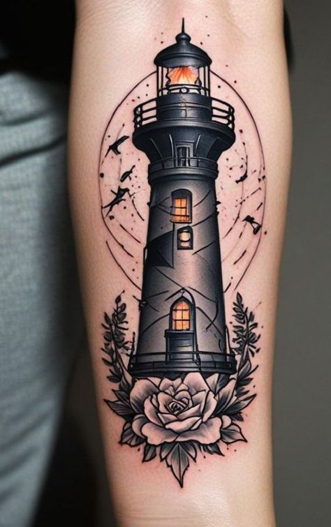 Lighthouse And Clock Tattoo, Men’s Filler Tattoos, Lighthouse Tattoo Men, Lighthouse Tattoo For Women, Nautical Tattoo Ideas, Light House Tattoo, Tattoo Lighthouse, Old Style Tattoos, Traditional Lighthouse Tattoo