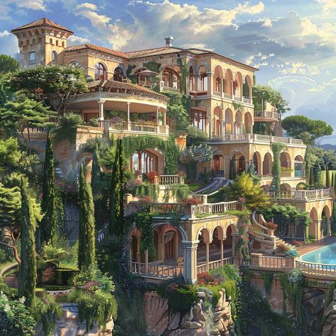 Mediterranean Style Mansion Dreams Unleashed with Luxurious Living • 333+ Images • [ArtFacade] Tree House Mansion, Mediterranean House Architecture, Fantasy Mansion Concept Art, Mansion Fantasy Art, Switzerland Mansion, Mansion Hillside, Fantasy Mansion Art, Hill House Design, Mansion On A Hill