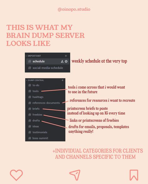 CONQUER PRODUCTIVITY & ADHD I have found the conventional “brain dump” sections in Notion templates aren’t developed enough for me personally, since I have a need to categorise what I’m brain dumping! Using a Discord server in this manner allows me to do just that without wasting time on finding the perfect Notion template, or set up my own system. Frankly, it’s confusing and can easily get out of hand quickly. This is my number 1 way of transfering images and videos between my PC & phone.... Personal Discord Server, Discord Server Ideas, Brain Dumping, Server Ideas, Temple Ideas, Notion Templates, Social Media Schedule, Notion Template, Brain Dump
