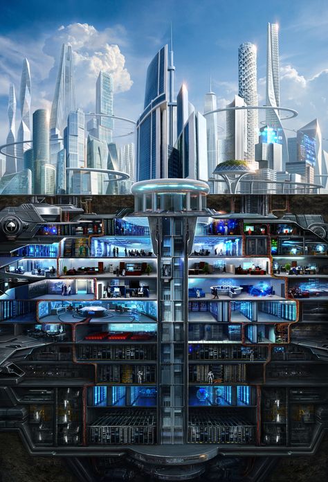 Scifi Underground City, Futuristic Underground City, Sci Fi Utopian City, Futuristic City Illustration, Building Underground, Futuristic Laboratory, Sci Fi Industrial Building, Sci Fi Industrial City, Dark Architecture