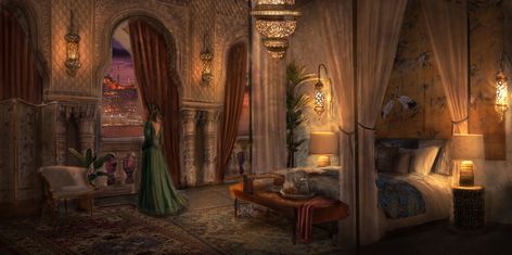 ArtStation - Royal Chamber Medieval Palace Interior, Indian Palace Interior Royal, Royal Bedroom Concept Art, Royal Bedroom Aesthetic, Ancient Bedroom, Dorne Aesthetic, Roman Bedroom, Royal Castles Interior, Royal Chambers