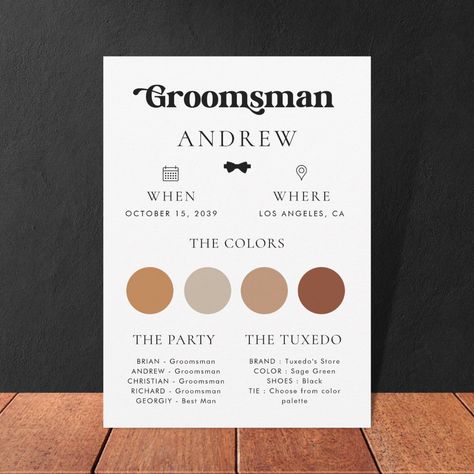 Groomsmen Colours, Wedding Info Card, Sage Green Tie, Groomsman Card, Wedding Backyard Reception, Wedding Backyard, Backyard Reception, Groomsmen Bowtie, Wedding Party Invites