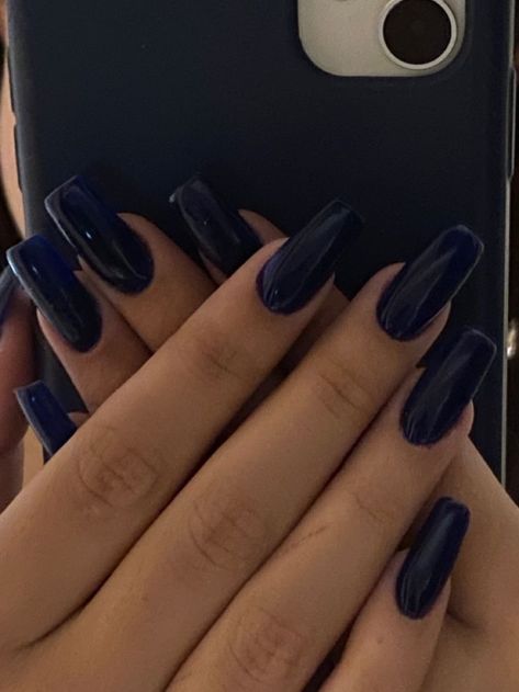 Dark Square Acrylic Nails, Dark Blue Nails Coffin, Dark Aesthetic Nails, Nails Dark Blue, Nails Navy, College Nails, Blue Coffin Nails, Dark Blue Nails, Navy Nails