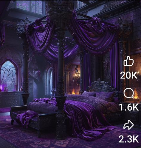 Unrealistic House, Vampire Bedroom, Vampire Room, Gothic Interior Design, Moody Purple, Royal Bedroom, Goth Bedroom, Bedroom Purple, Gothic Interior