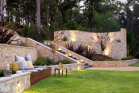 Ideas for Creating Practical and Beautiful Retaining Wall Steps Backyard Hill Landscaping, Sloped Backyard Landscaping, Sloped Yard, Sloped Backyard, Landscaping Retaining Walls, Tiered Garden, Hillside Landscaping, Sloped Garden, Timber Deck