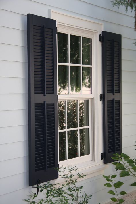 Elegant Houses, Colonial Shutters, Shutter Hinges, Window Shutters Exterior, Farmhouse Shutters, White Siding, Black Shutters, House Shutters, Shutters Exterior