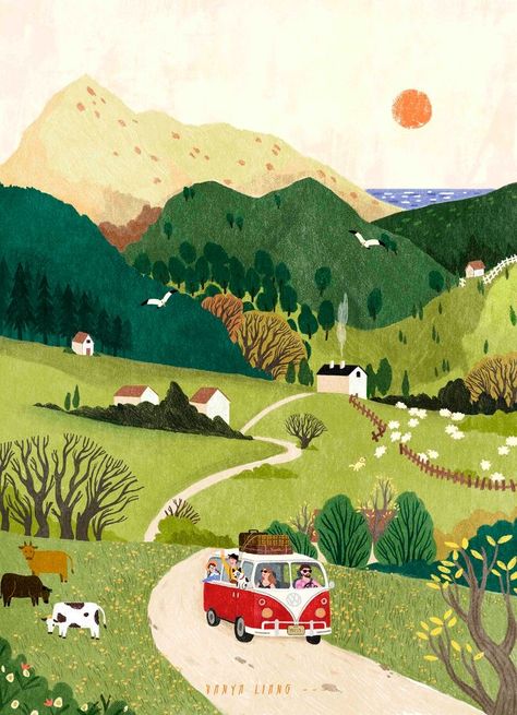 Country Landscape Drawing, Country Side Illustration, Farmland Illustration, Roads Illustration, Illustrated Landscape, Countryside Illustration, Hill Illustration, Road Illustration, Country Illustration