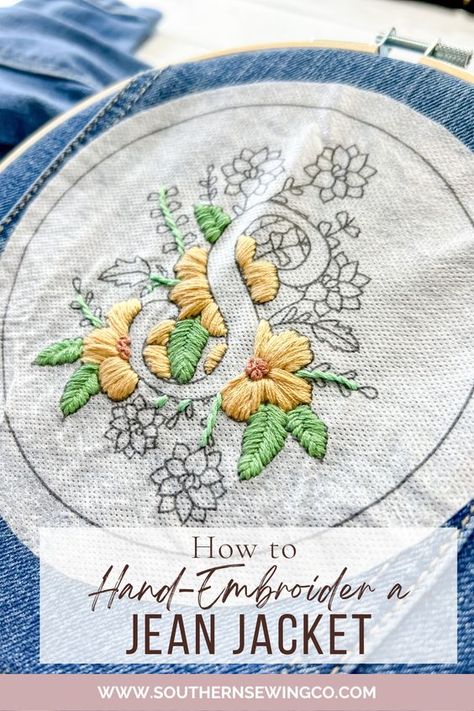 How To Embroider Denim By Hand, How To Embroider Flowers On Jean Jacket, Jean Jacket Hand Embroidery, Jean Jacket Embroidery Ideas Easy, Embroider Jean Jacket Diy, Denim Jacket Embellished, Hand Embroidered Clothes Ideas, Hand Embroidered Jean Jacket, Hand Embroidered Denim Jacket