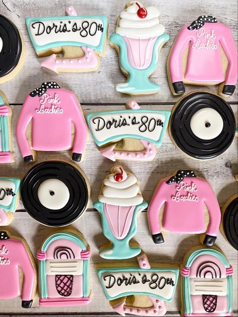 Grease Themed Parties, 50s Birthday, 50s Theme, Buttercream Cookies, 50s Theme Parties, 80s Birthday, Summer Themes, Flooding Cookies, Moms 50th Birthday