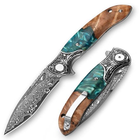 Ares Handmade Personalized VG-10 Damascus Folding Hunting Knife - 8.6" Overall - Exotic Olive Burl Wood & Turquoise Resin Scales, Under lock Pocket Knife with Hand Stitched Leather Sheath, Knife Sharpening, Spare Pocket Knife Sharpener & Personalized Damascus Blade Detail:The blade is carefully made by, combining 1095 & VG10 Steel through layering, welding, and hammering. This process makes each blade have its own special design, like a fingerprint. Each knife is a unique work of art.Damascus steel has outstanding properties such as strength and hardness. We amplify its properties by oil quenching it at 2100 deg F to cool it down fast and we do it twice to make sure it’s hard to its inner core to withstand any kind of work you may put it to use. It achieves a 58 or higher HRC on the Rockwe Cool Custom Knifes, Pocket Knife Design, Wooden Pocket Knife, Cool Pocket Knives, Damascus Pocket Knife, Knife Drawing, Turquoise Resin, Diy Knife, Cowgirl Accessories