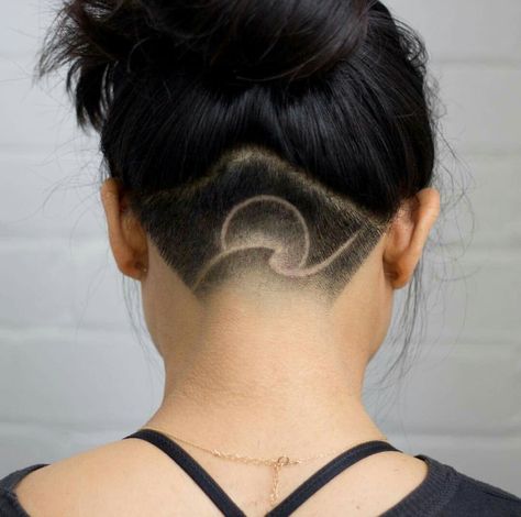 Undercut Hair Tattoo, Back Of Head Shaved Design Women, Undercut Wave Design, Undercut Hair Designs Simple, Shave Designs Undercut, Mountain Undercut, Undercut Lines Design, Undercut Shave Design, Nape Undercut Designs Simple