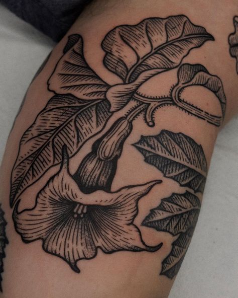 Woodcut Plant Tattoo, Thick Line Floral Tattoo, Woodcut Floral Tattoo, Wood Carving Tattoo Style, Engraving Flower Tattoo, Black Botanical Tattoo, Black Work Floral Tattoo, Wood Print Tattoo, Woodcut Flower Tattoo