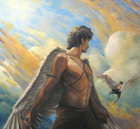 Icarus and Daedylus by ~TaekwondoNJ on deviantART Dedalus And Icarus, Daedalus And Icarus Drawing, Icarus Greek Mythology, Icarus Art, Daedalus And Icarus, Icarus Tattoo, Angel Devil, Greek And Roman Mythology, Greek Mythology Art