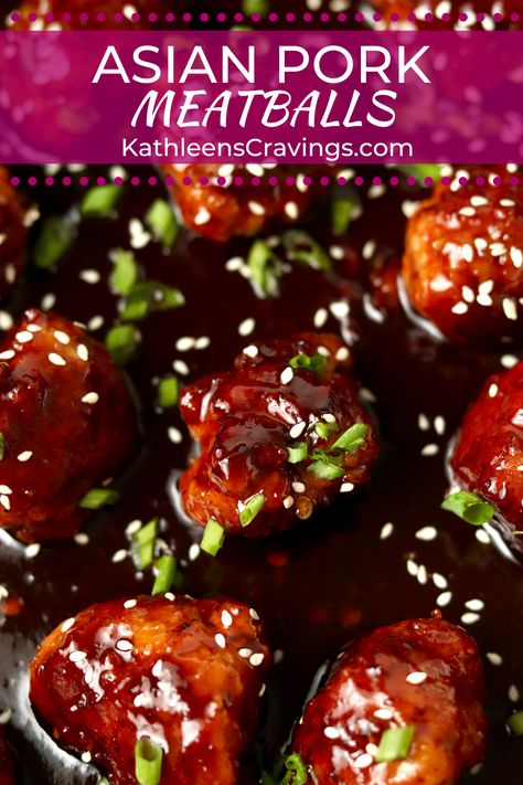 Asian Pork Meatballs are tossed in a sticky hoisin-based sauce, made all in one pan AND are ready in only 30 minutes. I love to serve these pork meatballs on their own as an appetizer or as part of dinner with cooked white rice. Sweet And Sour Pork Meatballs, Chinese Pork Meatballs, Asian Sauce For Meatballs, Chinese Pork Meatball Recipe, Pork Balls Chinese, Hoisin Glazed Meatballs, Asian Meatballs Crockpot, Asian Pork Meatballs Easy Recipes, Asian Meatballs And Rice