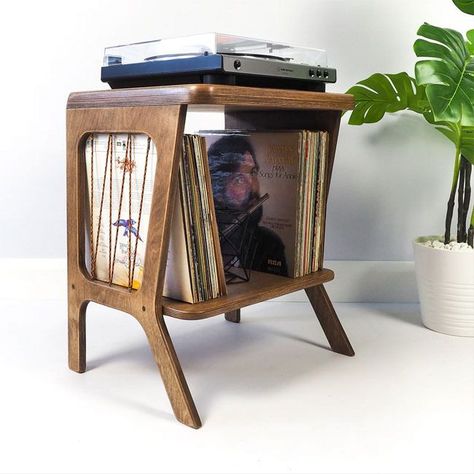 These are very cool and practical too if space is an issue. Midcentury modern record player stands by Made By Raphael. Diy Record Player Stand Ideas, Vinyl Record Storage Furniture, Record Player Storage, Modern Turntable, Wooden Record Player, Vinyl Record Furniture, Vinyl Record Cabinet, Modern Record Player, Record Player Table