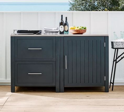 The Outdoor Kitchen | Pottery Barn Metal Outdoor Kitchen, Moveable Kitchen Island, Pool Bars, Cabinet Gray, Refrigerator Cabinet, Corner Kitchen Cabinet, Outdoor Kitchen Cabinets, Metal Outdoor Furniture, Bar Outdoor