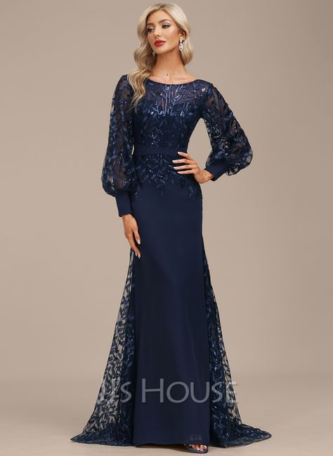 Trumpet/Mermaid Scoop Neck Sweep Train Chiffon Lace Evening Dress With Sequins (017275326) - JJ's House Simple Outfit Ideas, Slavic Style, Mama Fashion, Beaded Formal Dress, Sequin Evening Dress, Mini Prom Dresses, Crochet Classes, Formal Dresses With Sleeves, Dress With Sequins