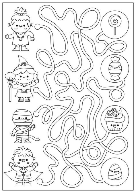 Kindergarten Worksheets Coloring, Halloween Mazes For Kids Free Printable, Labyrinth Printable, Maze Coloring Pages, Maze Halloween, Kawaii Ideas, Maze For Kids, Halloween Black And White, Mazes For Kids Printable