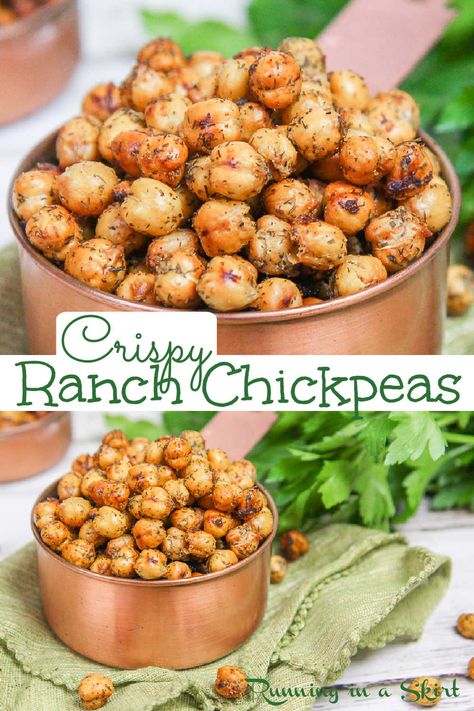 Crispy Healthy Roasted Ranch Chickpeas recipe. The perfect crunchy easy, protein packed healthy snack or use as a salad topper. Friendly for vegans, clean eating and gluten free. / Running in a Skirt Ranch Chickpeas, Chickpea Recipes Healthy, Chickpeas Recipe, Easy Protein, Salad Toppers, Veggie Snacks, Chickpea Recipes, Vegetable Side, Vegetarian Snacks