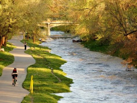 More bike paths, please! This beautiful scene is of the Cherry Creek Bike Path in Denver, CO. Denver Neighborhoods, Urban Bike, River Bank, Bike Path, Colorado Travel, Walking Trails, Bike Trails, Urban Planning, Denver Co