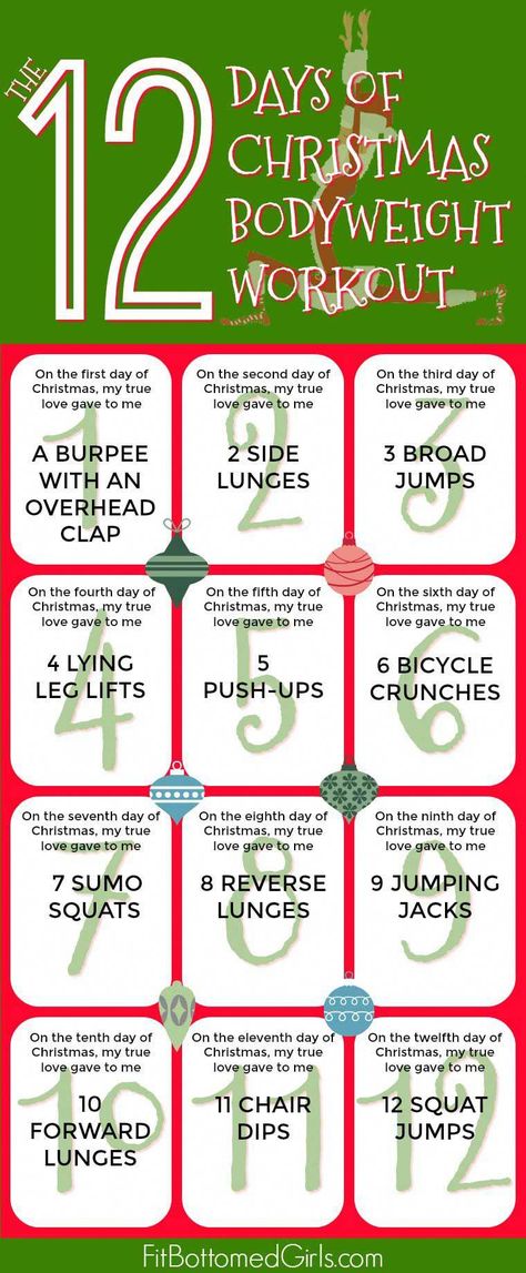 The 12 Days of Christmas Bodyweight Workout #fitnesstraining Christmas Workouts, Themed Workouts, Christmas Workout, Quads And Hamstrings, Holiday Workout, The 12 Days Of Christmas, Christmas At Home, 140 Pounds, Workout Fits