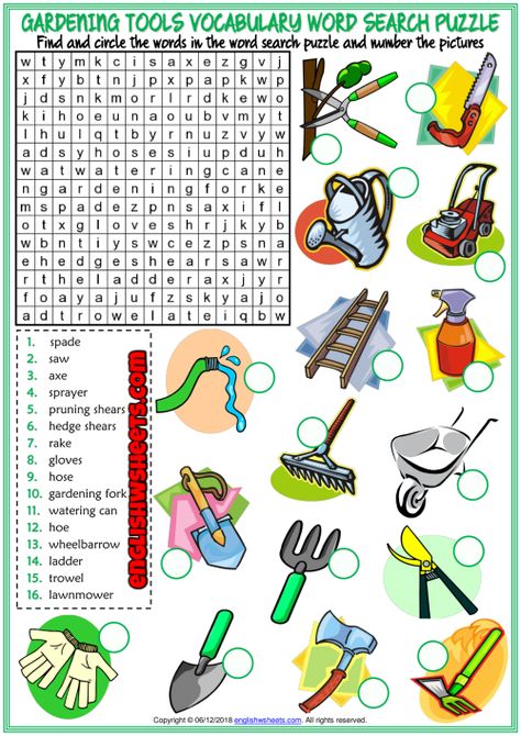 Gardening Tools ESL Word Search Puzzle Worksheet For Kids Gardening Vocabulary, Gardening Worksheets, Tools Vocabulary, Kids Gardening Tools, English Tenses, Spring Worksheet, Word Search Puzzles Printables, Puzzle Worksheet, English Teaching Resources