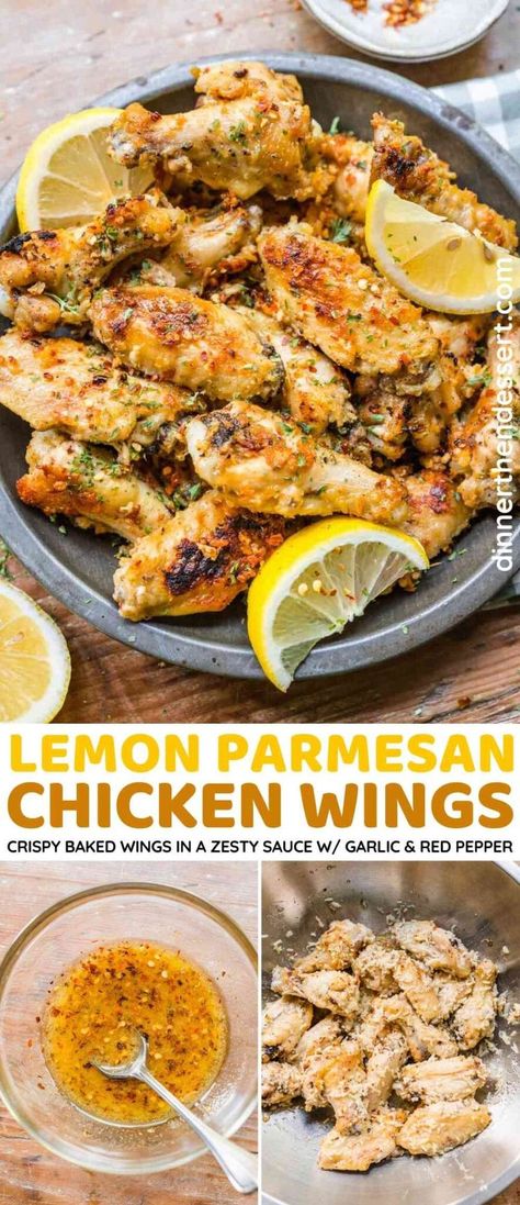 Lemon Parmesan Chicken Wings are the best wings for game day! Crispy baked wings in a lemon garlic parmesan sauce and spicy red pepper flakes. Lemon Parmesan Chicken, Parmesan Wings Recipe, Chicken Wing Sauce Recipes, Chicken Wing Marinade, Best Chicken Wing Recipe, Garlic Wings, Parmesan Wings, Lemon Pepper Chicken Wings, Garlic Parmesan Wings