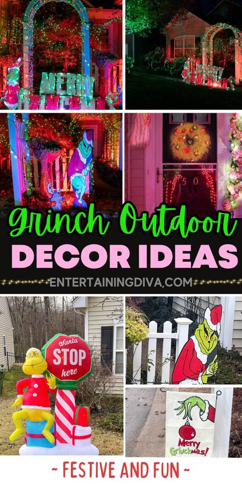 12 Awesome Grinch Outdoor Christmas Decor Ideas | Grinch Christmas Ideas Grinch Christmas Outdoor, Grinch Front Door Decor, Grinch Outdoor Decor, Grinch Stealing Lights, Grinch Yard Decorations, Christmas Textiles, Elf Is Back Ideas, Outdoor Christmas Decor Ideas, Grinch Wreath