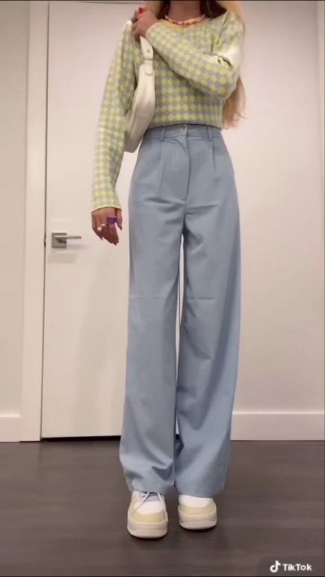 Pale Blue Trousers Outfit, Light Blue Trousers Outfit Color Combos, Pale Blue Pants Outfit, Light Blue And Green Outfit, Sky Blue Trouser Outfit Women, Sky Blue Trousers Outfit, Light Blue Wide Leg Pants Outfit, Light Blue Combination Outfit, Light Blue Slacks Outfit Women