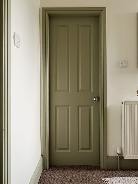 Olive Green Skirting Boards, Coloured Skirting Boards Hallway, Dark Door Trim, Darker Skirting Boards, Skirting Boards Darker Than Walls, Woodwork Paint Colour, Olive Doors Interior, Beige Hallway Doors, Colorful Baseboards And Trim