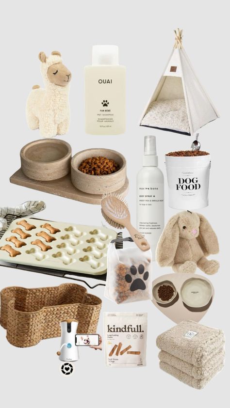 Gift Baskets For Dogs, Dog Hygiene Products, Neutral Pet Aesthetic, Puppy Shopping Checklist, Aesthetic Dog Items, Things You Need For A Puppy, Aesthetic Pet Accessories, Cute Puppy Things, Dog Items Organization