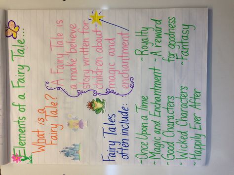 Elements of a Fairy Tale Fairy Tale Anchor Chart 2nd Grade, Fairytale Writing, Genre Lessons, Fairy Tales Preschool, Traditional Literature, Fairy Tale Writing, Fairy Tale Activities, Fairy Tales Unit, Fractured Fairy Tales