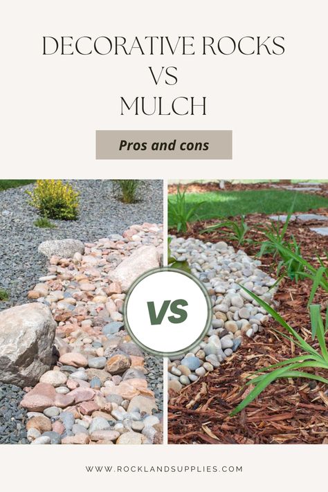 There are many benefits to using mulch in garden beds and then there are times when decorative stone may be best. To know which one is best for your needs and garden goals, we’ve put together the landscaping pros and cons of decorative rocks vs mulch. Rock Instead Of Mulch Flower Beds, Rocks Vs Mulch Landscaping, Stone Vs Mulch Landscaping, Mulch To Rock Transition, Mulch Garden Bed, Stone Mulch Landscaping Ideas, Replacing Mulch With Rock, Cedar Mulch Landscaping Ideas, Rock Vs Mulch Landscaping