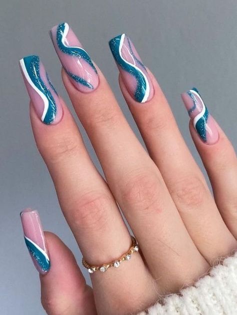 Turquoise Prom Nails, Cyan Nail Designs, Teal Prom Nails, Teal And White Nails, Dark Teal Nails Designs, Cyan Nails, Teal Blue Nails, Teal Nail Ideas, Jan Nails