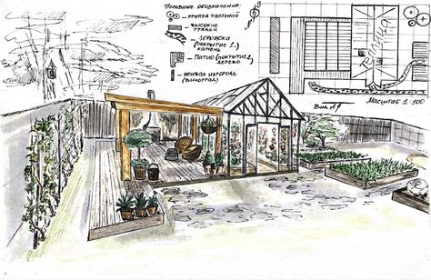 Watercolor sketch Greenhouse Sketch Architecture, Green House Sketch, Greenhouse Landscape, Greenhouse Cafe, Outdoor Designs, House Sketch, Leaf Drawing, Garden Greenhouse, Design Landscape