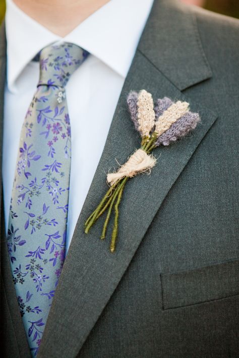 Knitted lavender buttonhole #wedding Crochet Boutineer, Crochet Wedding Ideas, Crocheted Boutonniere, Crochet Boutonniere, Wedding Knitting, Wedding Knit, Fall Groom, Wheat Wedding, Lavender Boutonniere