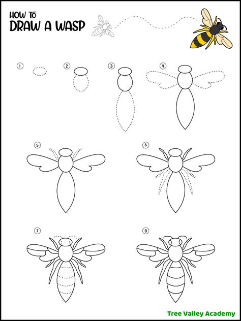 Easy step by step instructions on how to draw a wasp. 7 simple steps. Free printable one page pdf. Step By Step Nature Drawings, How To Draw A Beetle Step By Step, How To Draw Bugs Step By Step, How To Draw A Dragonfly Step By Step, How To Draw A Bee, Drawing Of Bee, How To Draw Step By Step Easy, Bee Drawing Simple, Wasp Drawing