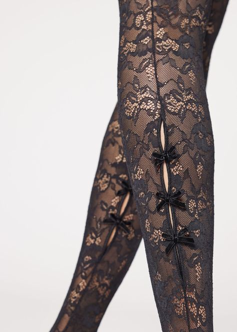 Lace Tights with Back Cut Out - Patterned tights - Calzedonia Patterned Tights Outfit, Winter Fashion Magazine, Backseam Tights, Elegant Edgy, Blue Banisters, Edgy Outfit, Fleece Tights, Lace Tights, Leggings And Socks