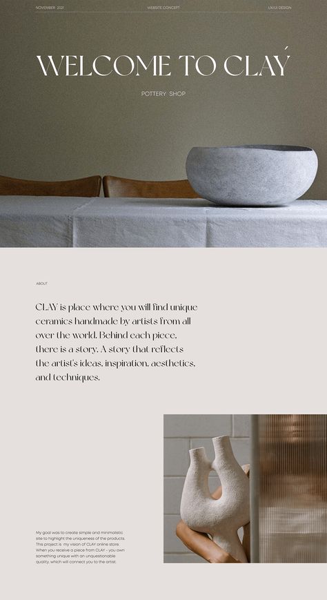 Pottery Website Design, Artist Website Ideas, Ceramic Website, Decor Website Design, Pottery Moodboard, Pottery Website, Ceramic Branding, Ceramic Portfolio, Pottery Branding