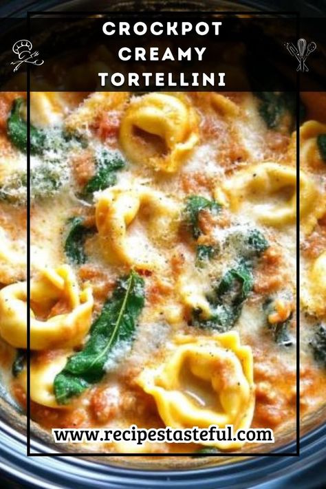 This Crockpot Creamy Tortellini is the ultimate comfort food—rich, creamy, and loaded with tender cheese tortellini, Italian sausage, and spinach. It’s perfect for busy days when you want a hearty meal with minimal effort. Just toss everything in the crockpot, and let it work its magic! Crockpot Creamy Tortellini, Tortellini Recipes Crockpot, Tortellini Soup Crockpot, Crock Pot Tortellini, Cheese Tortellini Recipes, Tortellini Recipe, Sausage And Spinach, Creamy Tortellini, Creamy Tortellini Soup