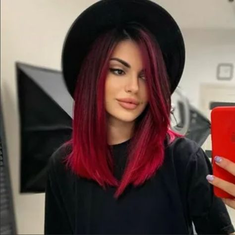 Red Long Bob Hairstyles, Long Red Bob, Long Bob Red Hair, Red Hair Lob, Trendy Red Hair, Red Long Bob, Bob Wig Middle Part, Mid Length Hair With Bangs, Short Blonde Wigs