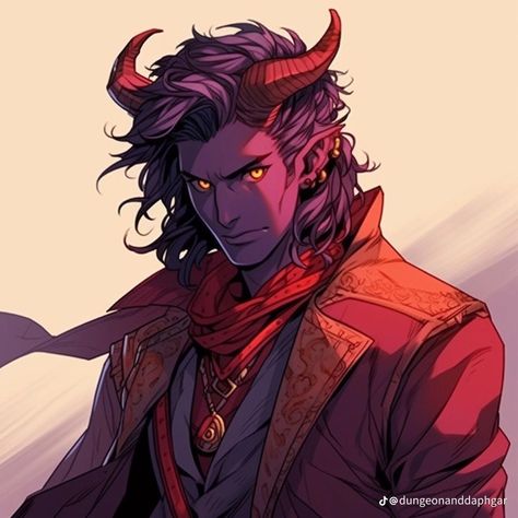 Dnd Purple Tiefling Male, Feral Tiefling Male, Teifling Male Character Art, Tiefling Male Art, Male Tiefling Character Design, Red Tiefling Male, Tiefling Character Art, Dnd Characters Male, Dnd Tiefling Male