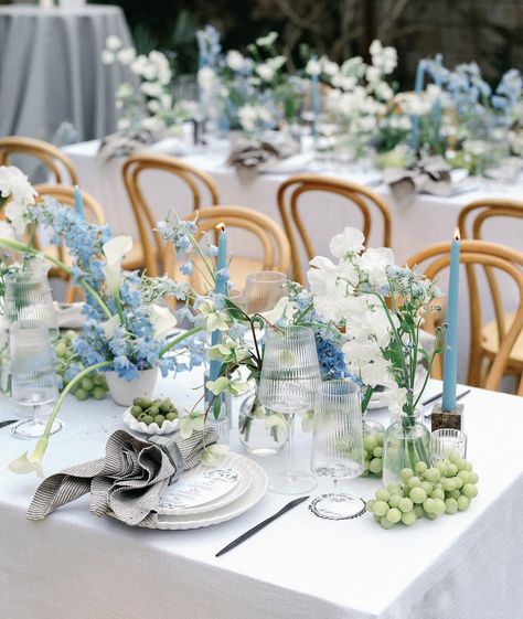 Blue Table Flower Arrangements, Blue Floral Table Setting, October Wedding Blue, Blue Flowers Baby Shower Theme, Blue Wedding Flowers Centerpieces, Bud Vases Wedding Centerpiece Long Table, Blue Green White Wedding, Josie Wedding, Diy Table Decorations