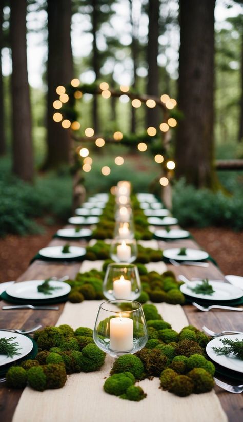 Fairy Table Decorations, Emerald Forest Wedding, Fairy Wedding Theme Enchanted Forest Table Settings, Enchanted Forest Wedding Table Decor, Mushroom Wedding Theme, Green Fairy Wedding, Cottage Core Wedding Decor, Fantasy Wedding Aesthetic, Enchanted Forest Table Decor