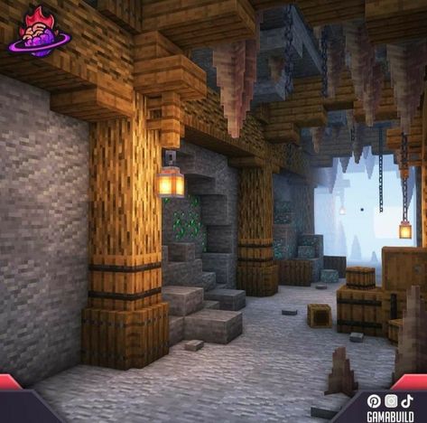 Mineshaft Design Minecraft, Cave Base Minecraft Ideas, Minecraft Mineshaft Build, Underground Cave House Minecraft, Minecraft Mineshaft Design, Minecraft Excavation Site, Cave Bases Minecraft, Underground Market Minecraft, Minecraft Cave House Exterior