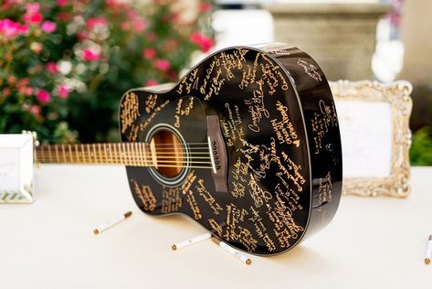 black acoustic guitar with gold signatures for wedding guest book Guitar Wedding, Black Acoustic Guitar, Wine Variety, Anna Kim, Wedding Guest Book Unique, Gold Color Palettes, Wedding Inside, Floral Event Design, Maui Weddings