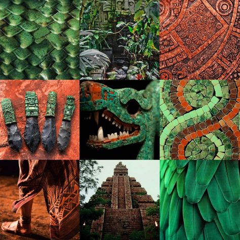 Rusty orange red and vibrant green aesthetic, Quetzalcoatl inspired Aztec aesthetic Aztec Art Style, Aztecs Aesthetic, Aztec Mythology Aesthetic, Aztec Creatures, Mesoamerican Aesthetic, Dnd Aztec, Aztec Character Design, Mayan Aesthetic, Green Orange Aesthetic